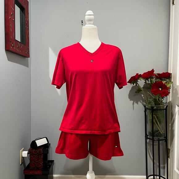 NEW Tommy Hilfiger Cotton Sleepwear Boxer Shorts Short Sleeve Top Pajama Set Y2K - Picture 1 of 16